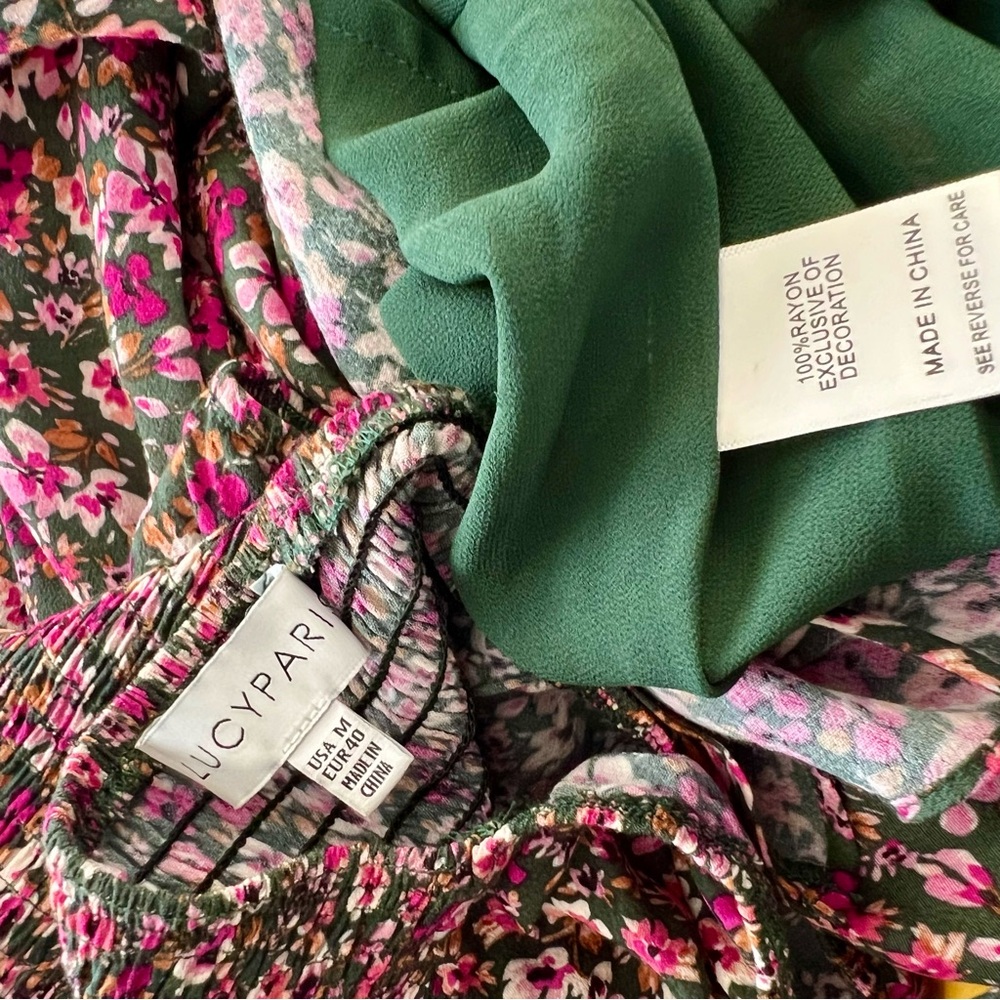 Lucy Paris Evelyn Floral Dress Green Floral Smocked Puff Sleeve M Cinched Waist - Picture 8 of 8